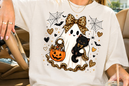 Ghost Black Cat Sublimation PNG Leopard Bow Cute Halloween Design