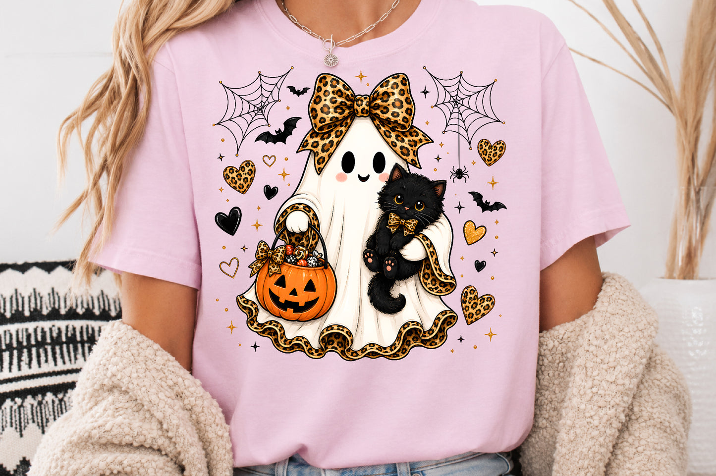 Ghost Black Cat Sublimation PNG Leopard Bow Cute Halloween Design
