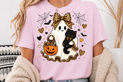 Ghost Black Cat Sublimation PNG Leopard Bow Cute Halloween Design
