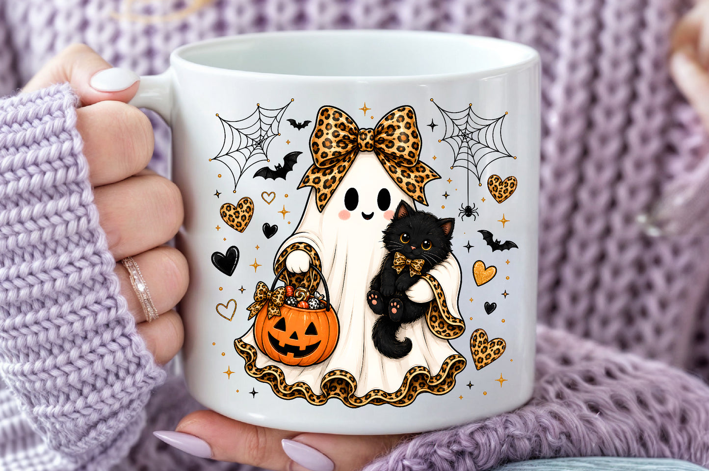 Ghost Black Cat Sublimation PNG Leopard Bow Cute Halloween Design