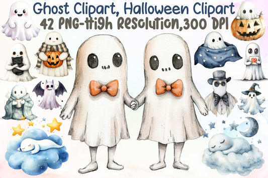 Cute Ghost Halloween Clipart PNG Bundle