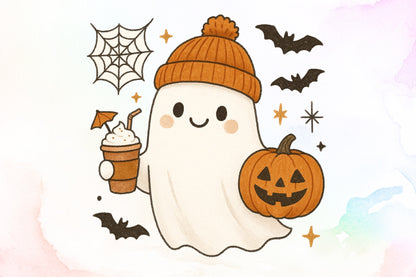 Cute Ghost Coffee Pumpkin Halloween PNG