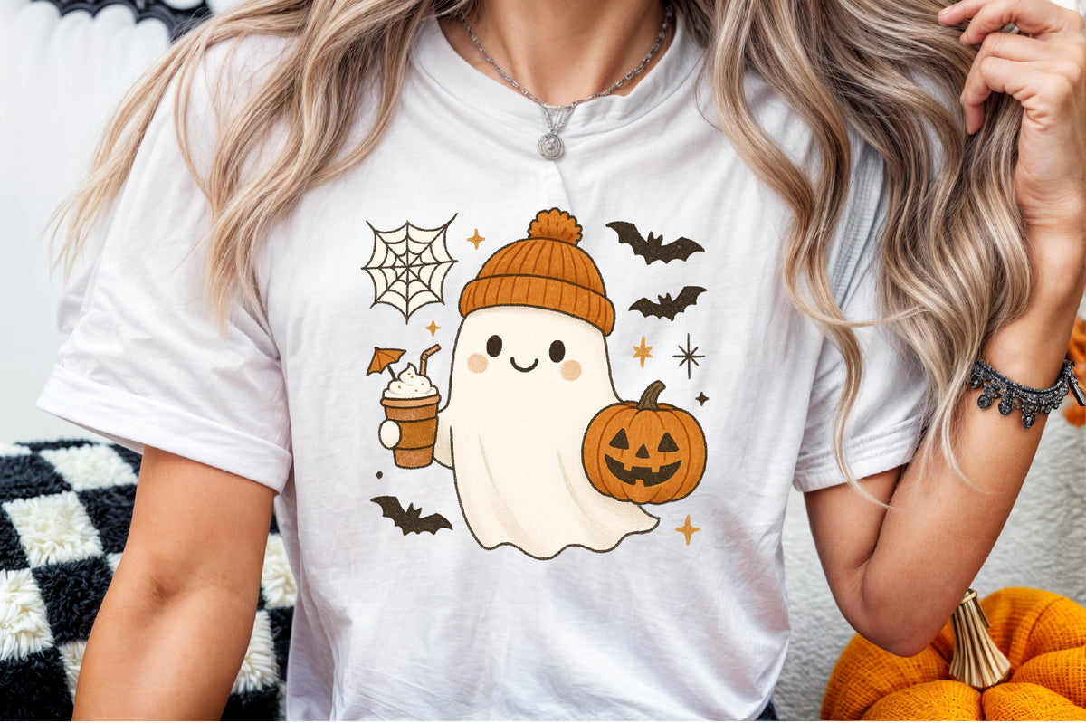 Cute Ghost Coffee Pumpkin Halloween PNG