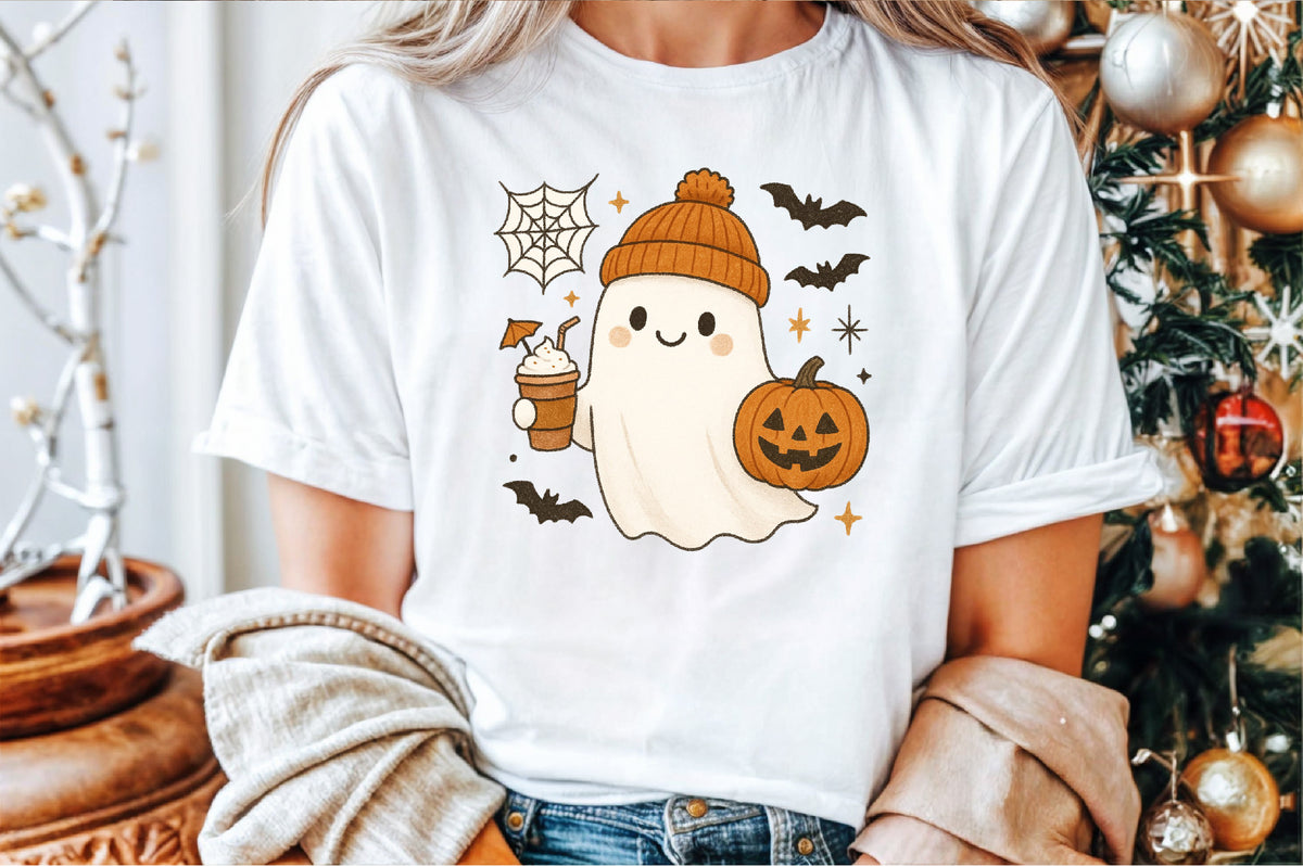 Cute Ghost Coffee Pumpkin Halloween PNG