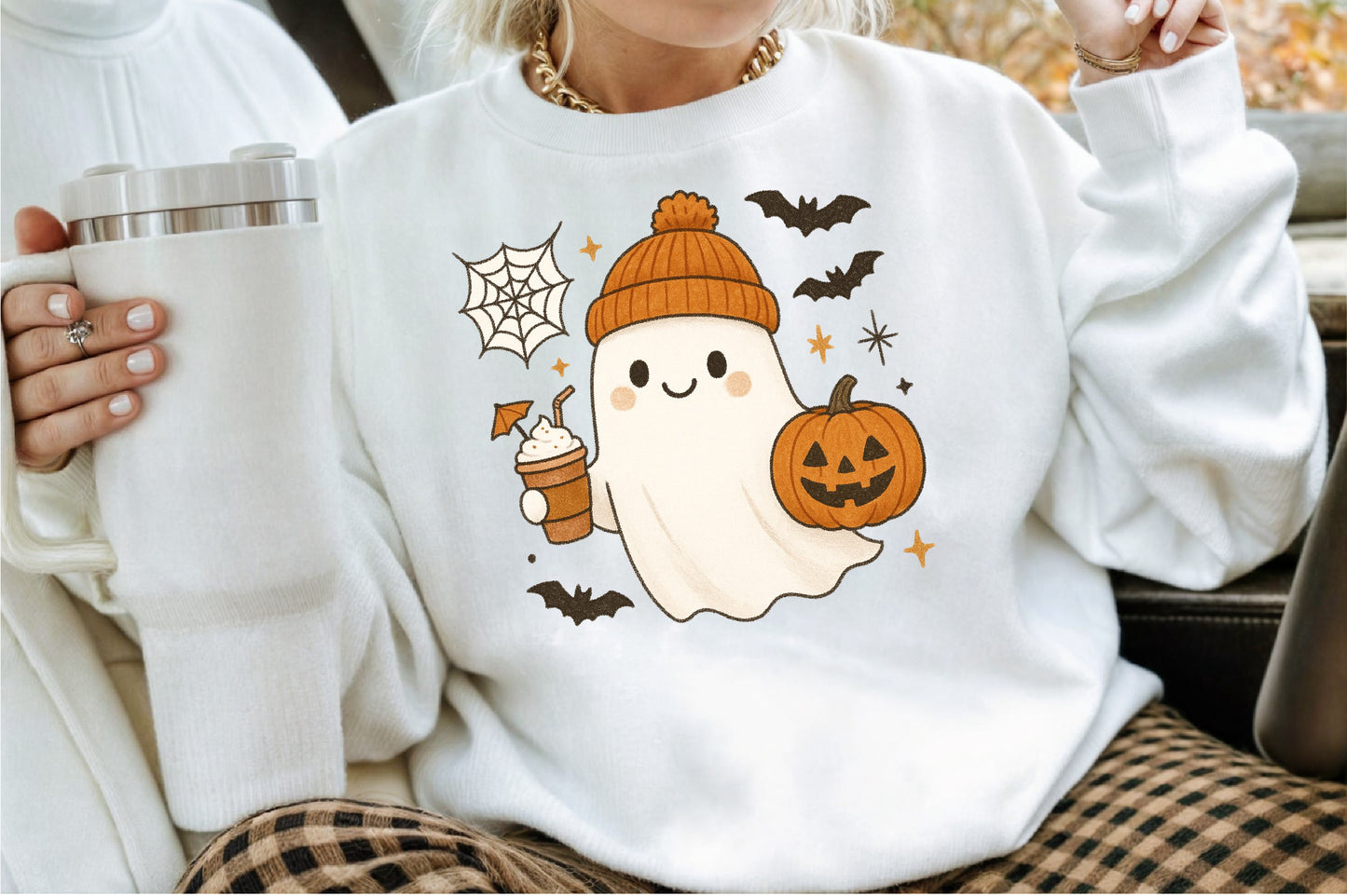 Cute Ghost Coffee Pumpkin Halloween PNG