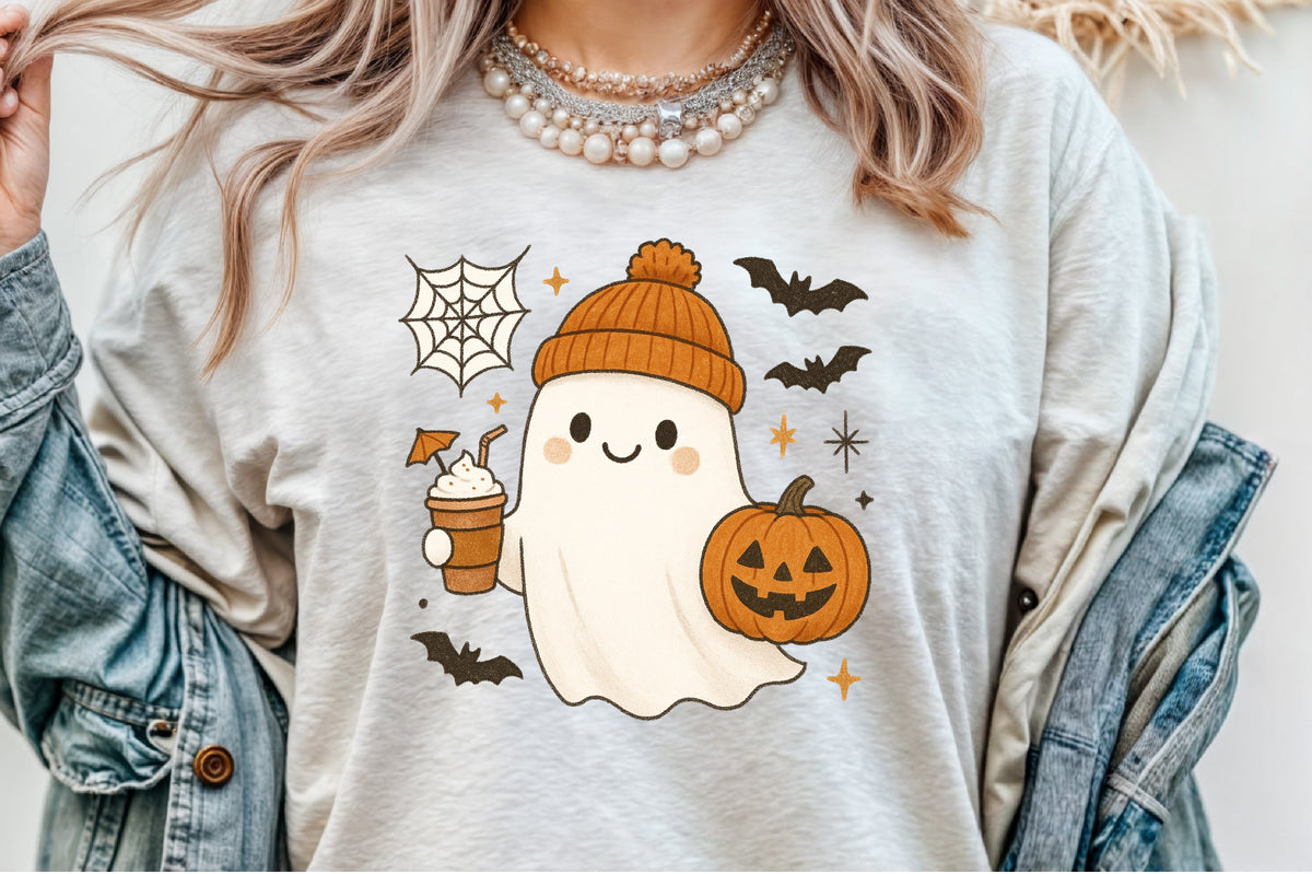 Cute Ghost Coffee Pumpkin Halloween PNG