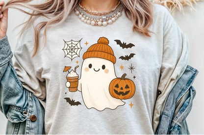 Cute Ghost Coffee Pumpkin Halloween PNG