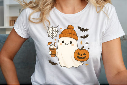 Cute Ghost Coffee Pumpkin Halloween PNG
