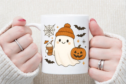 Cute Ghost Coffee Pumpkin Halloween PNG