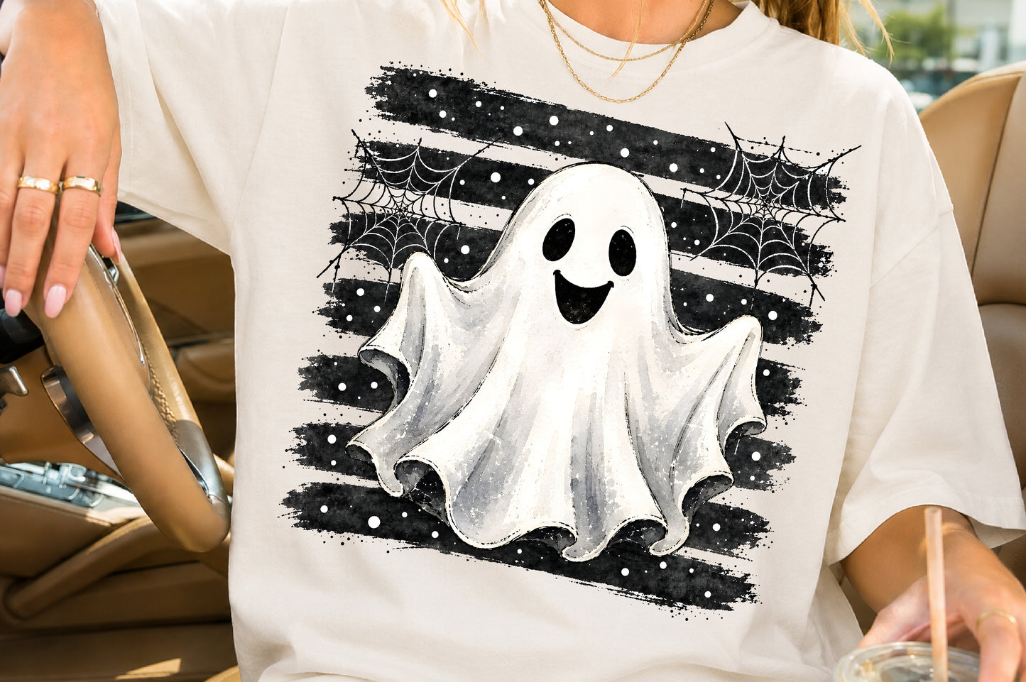 Cute Ghost Halloween PNG Spooky Ghost Spider Web Sublimation Design