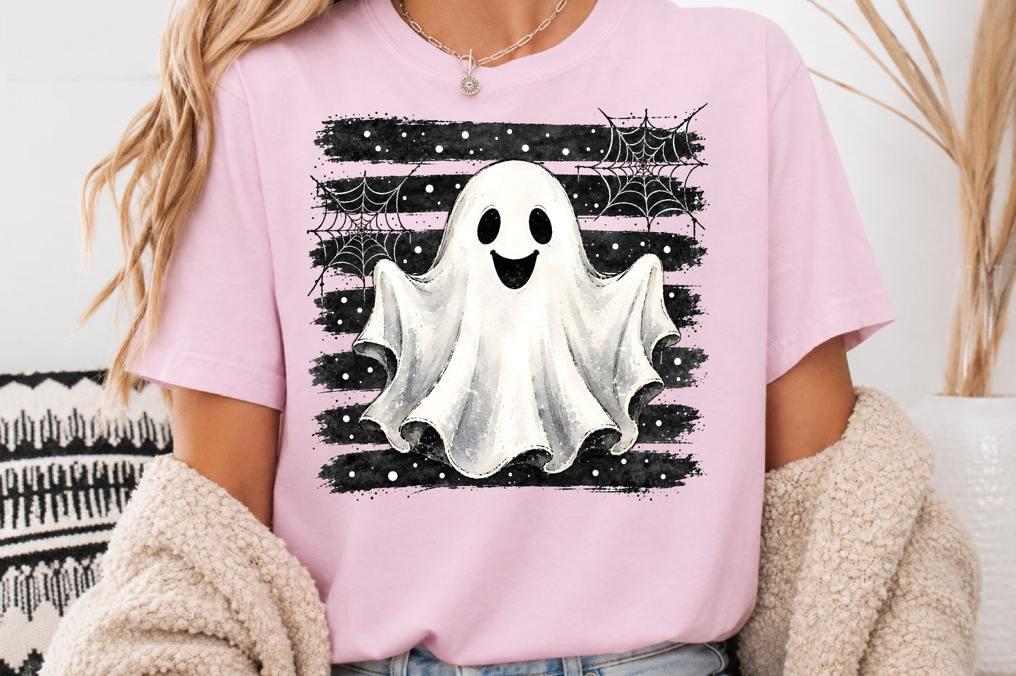 Cute Ghost Halloween PNG Spooky Ghost Spider Web Sublimation Design