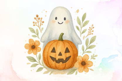 Ghost Pumpkin Floral Fall Halloween PNG