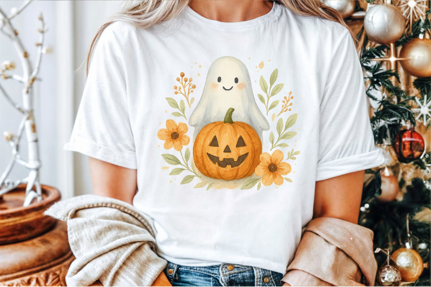 Ghost Pumpkin Floral Fall Halloween PNG