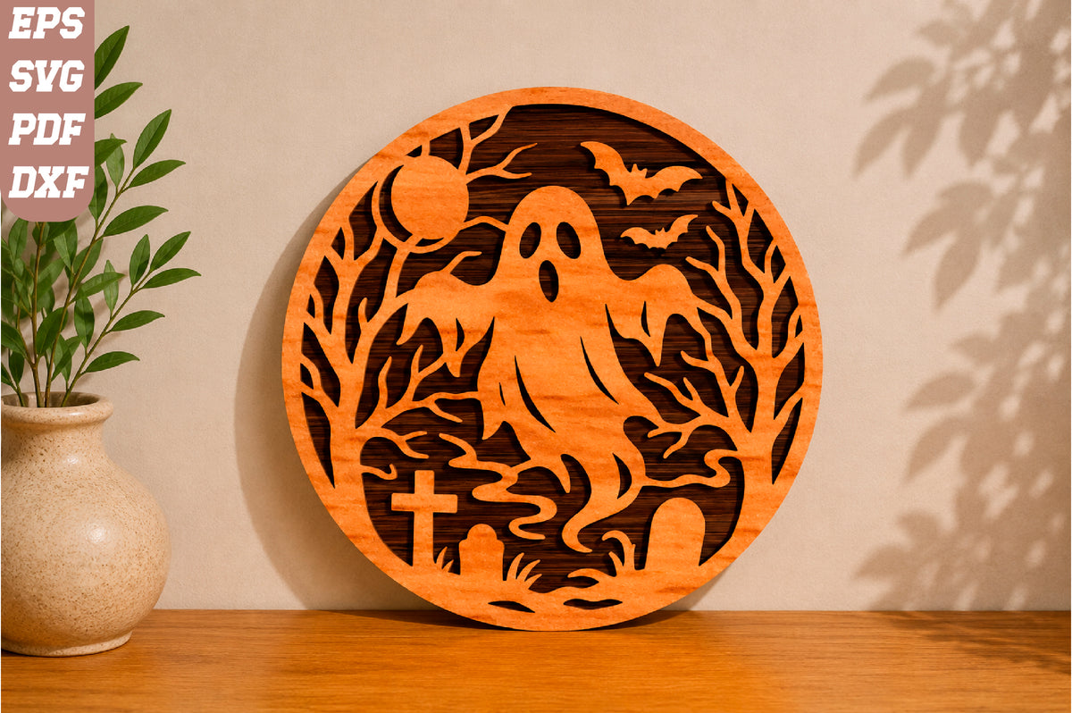 Ghost in Cemetery Halloween Laser Cut SVG
