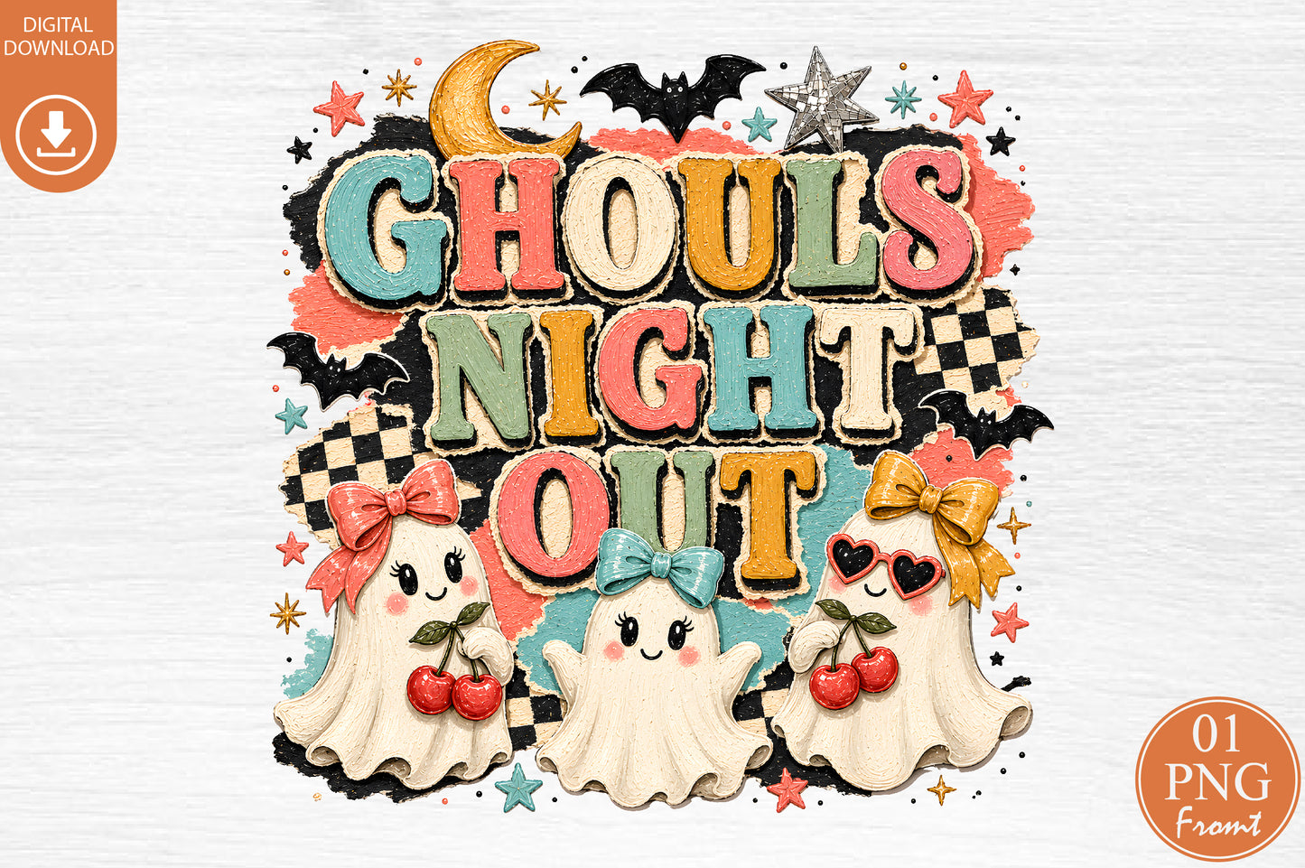 Ghouls Night Out Halloween PNG Cute Ghost Cherries Sublimation Design