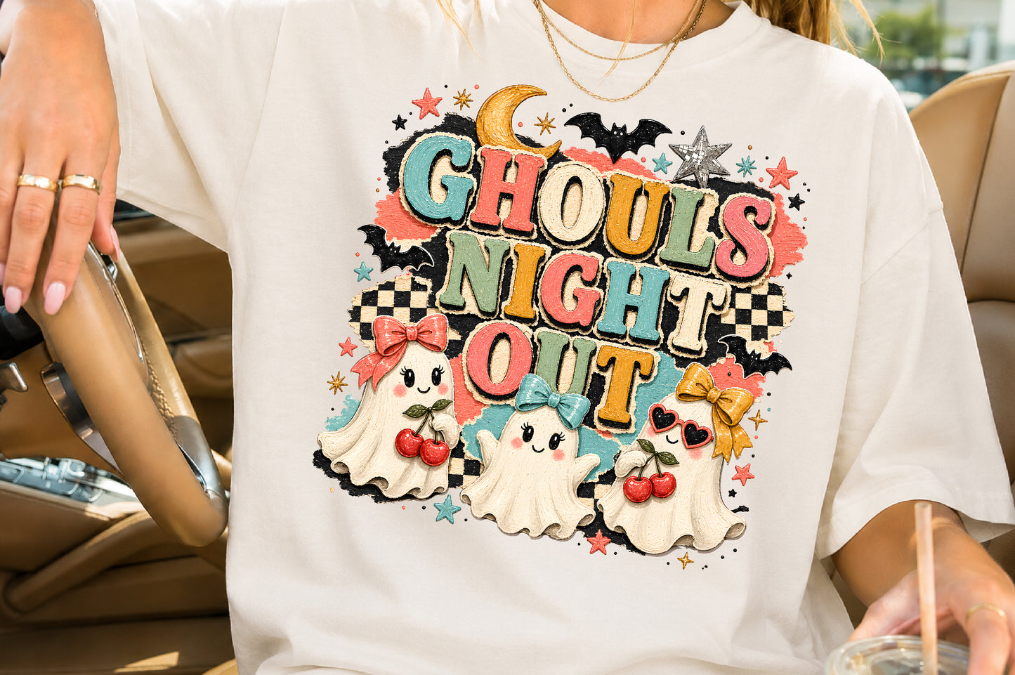 Ghouls Night Out Halloween PNG Cute Ghost Cherries Sublimation Design