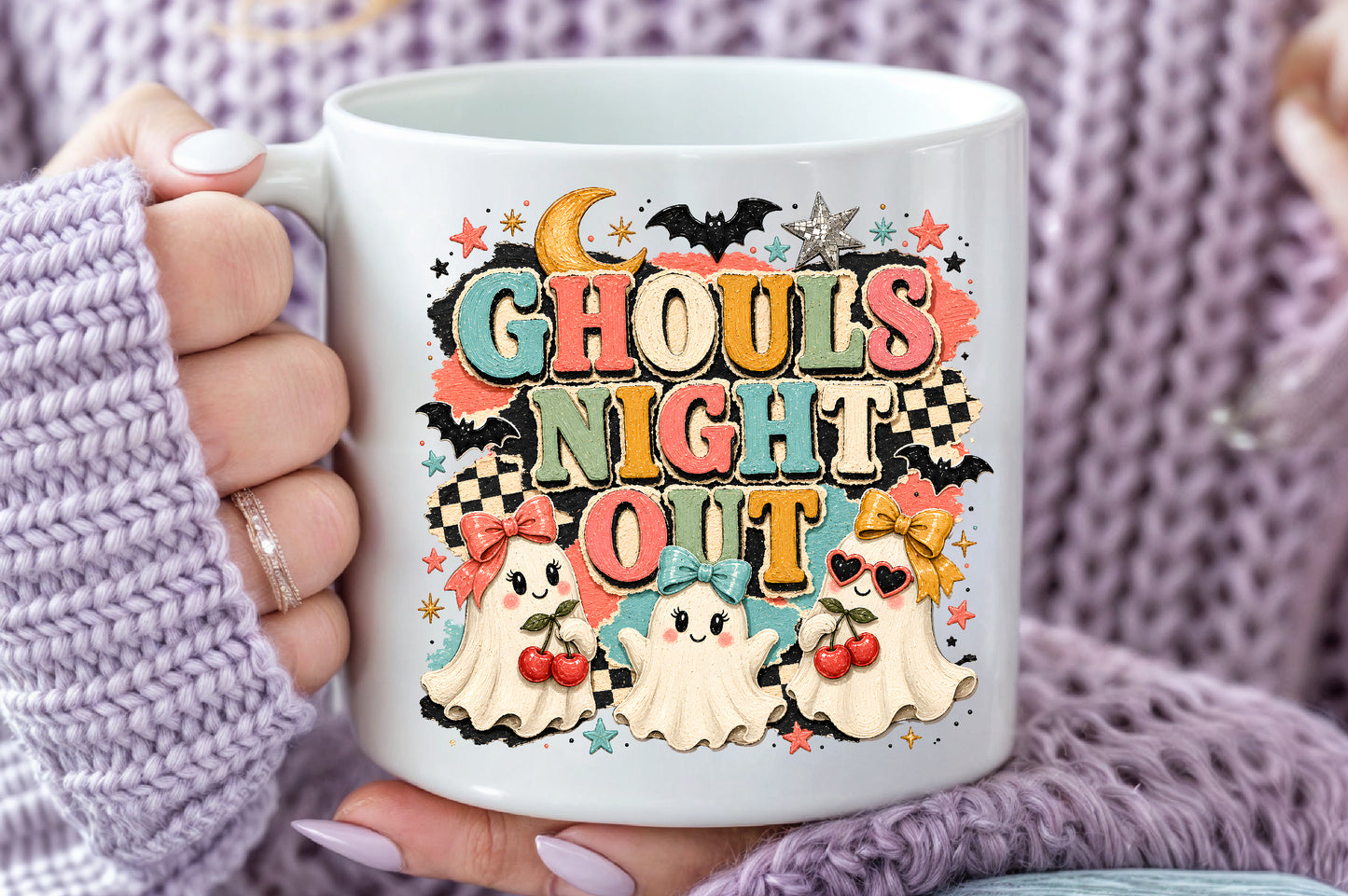 Ghouls Night Out Halloween PNG Cute Ghost Cherries Sublimation Design
