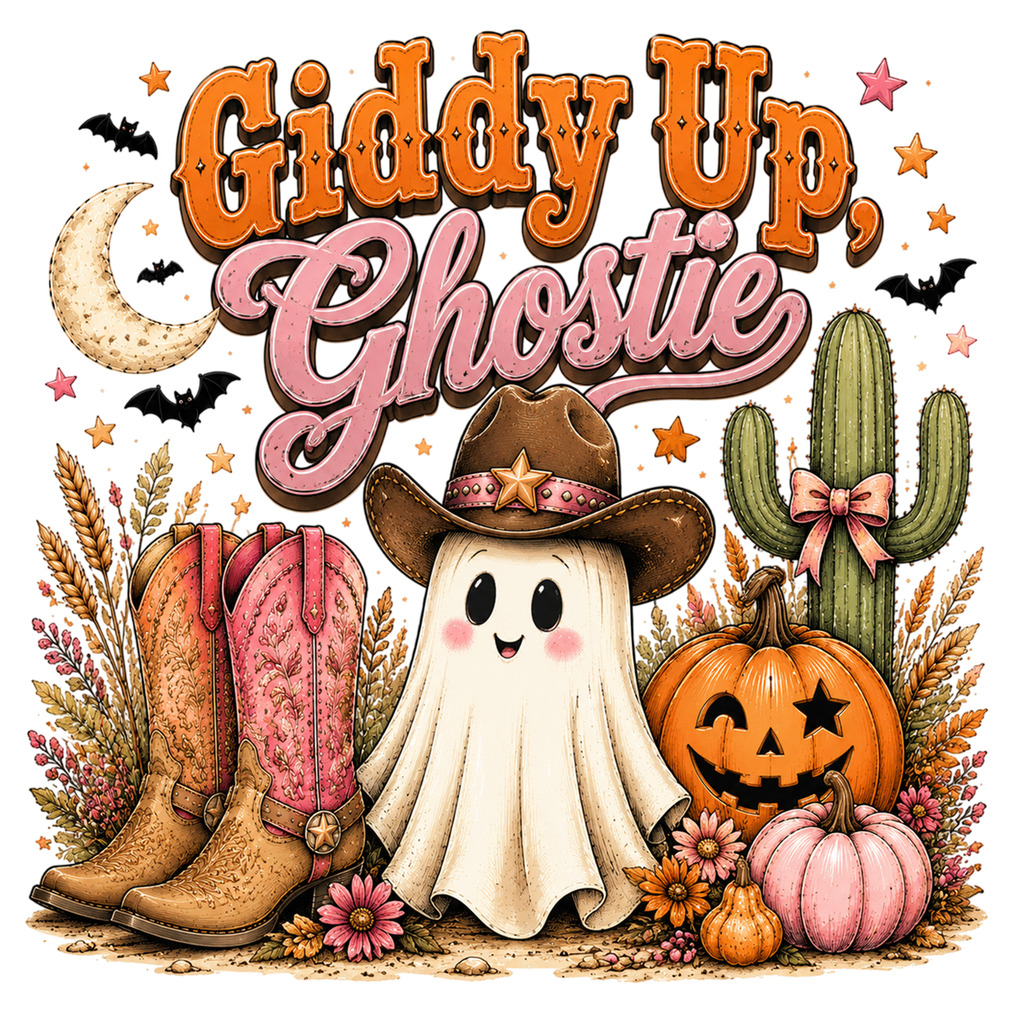 Giddy Up Ghostie Western Halloween PNG | Cowboy Ghost Pumpkin Boots Fall Sublimation | Cute Spooky Cowgirl Design