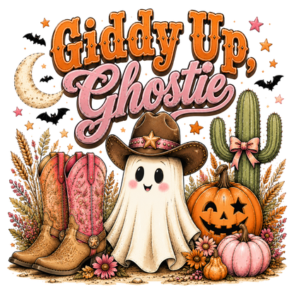 Giddy Up Ghostie Western Halloween PNG | Cowboy Ghost Pumpkin Boots Fall Sublimation | Cute Spooky Cowgirl Design