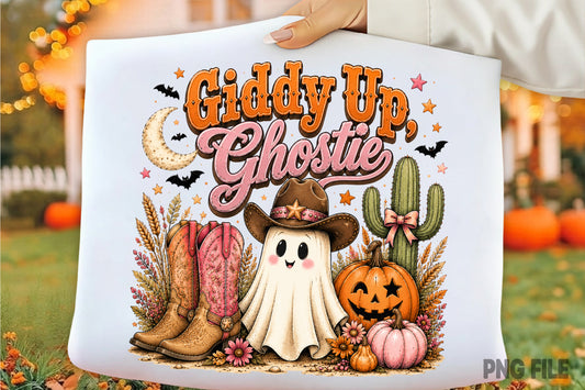 Giddy Up Ghostie Western Halloween PNG | Cowboy Ghost Pumpkin Boots Fall Sublimation | Cute Spooky Cowgirl Design