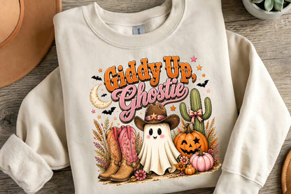 Giddy Up Ghostie Western Halloween PNG | Cowboy Ghost Pumpkin Boots Fall Sublimation | Cute Spooky Cowgirl Design