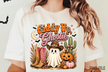 Giddy Up Ghostie Western Halloween PNG | Cowboy Ghost Pumpkin Boots Fall Sublimation | Cute Spooky Cowgirl Design