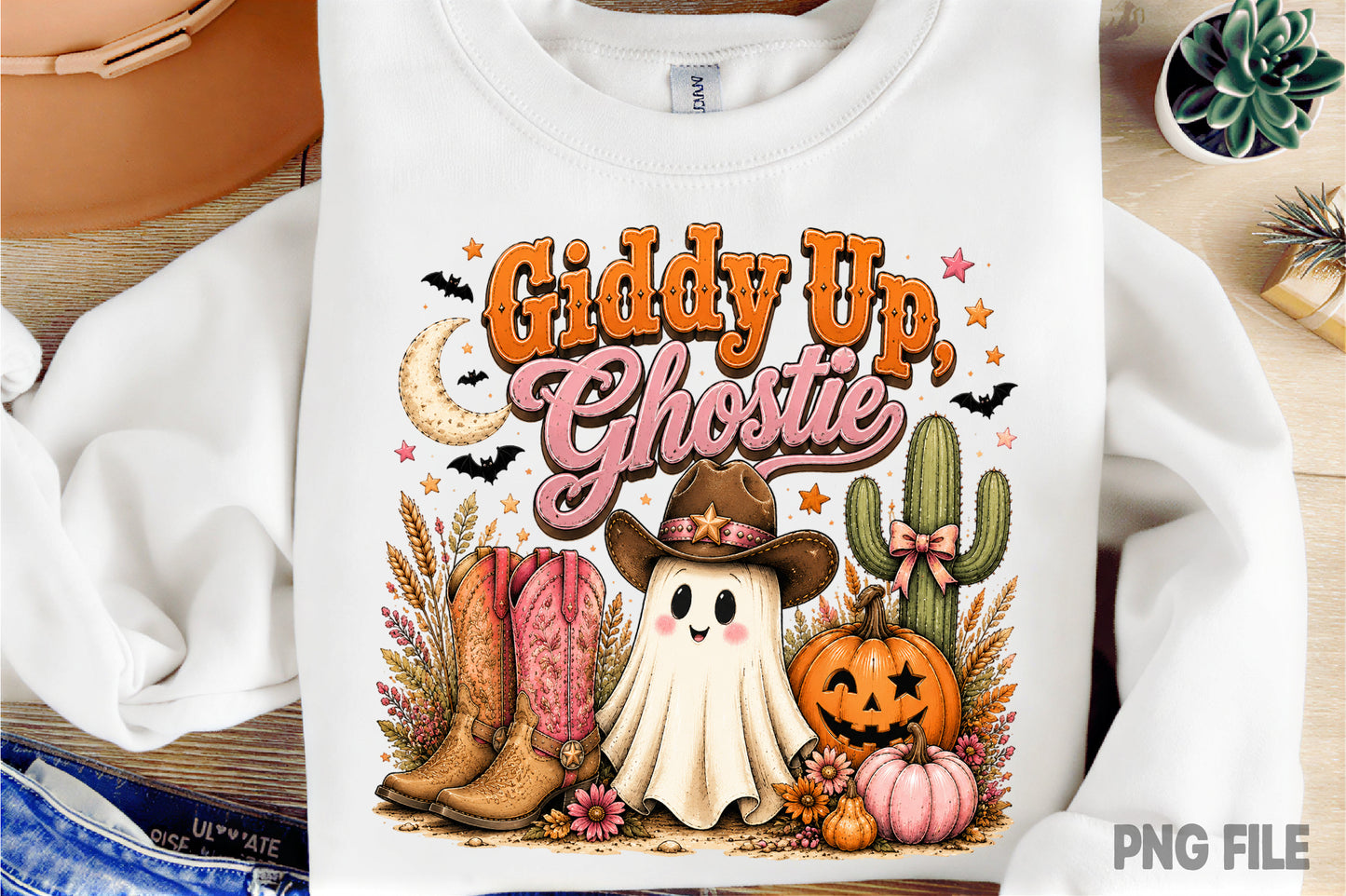 Giddy Up Ghostie Western Halloween PNG | Cowboy Ghost Pumpkin Boots Fall Sublimation | Cute Spooky Cowgirl Design