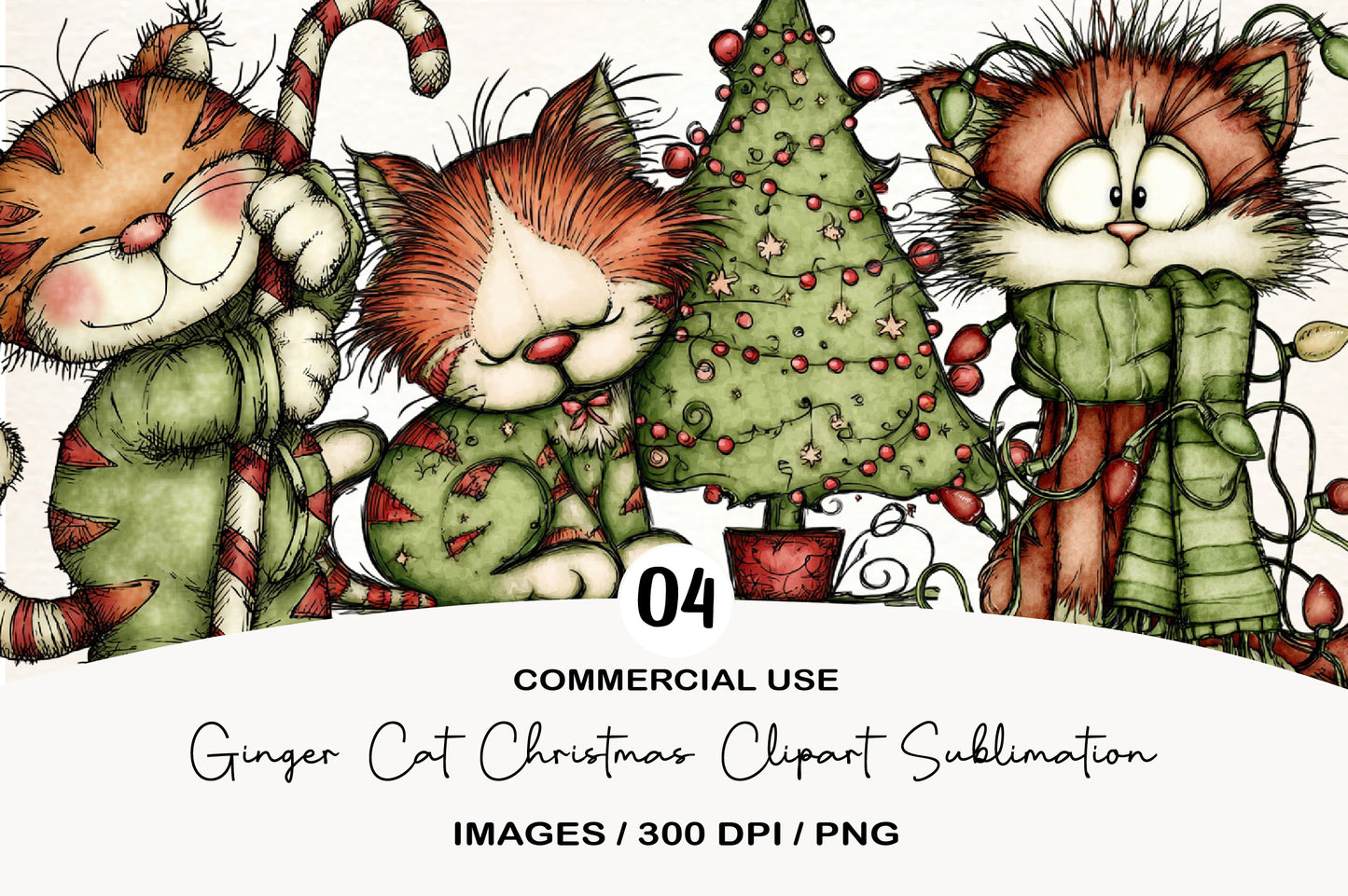 Ginger Cat Christmas Clipart Sublimation PNG Bundle | Cute Watercolor Orange Christmas Kitty Clipart | Holiday Cat PNG