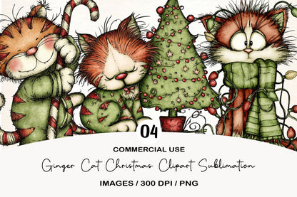 Ginger Cat Christmas Clipart Sublimation PNG Bundle | Cute Watercolor Orange Christmas Kitty Clipart | Holiday Cat PNG