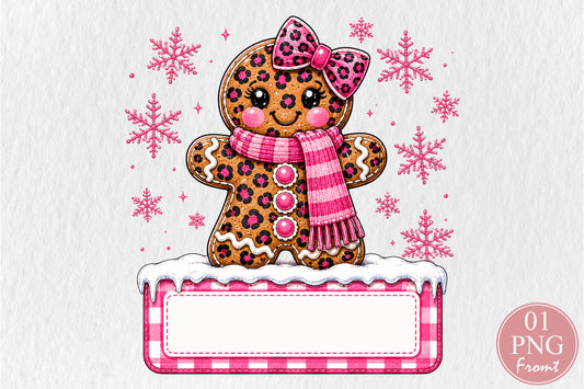 Gingerbread Girl Christmas Custom Name PNG Leopard Pink Bow Winter Sublimation