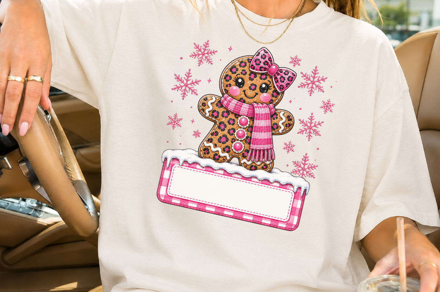 Gingerbread Girl Christmas Custom Name PNG Leopard Pink Bow Winter Sublimation