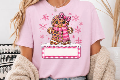 Gingerbread Girl Christmas Custom Name PNG Leopard Pink Bow Winter Sublimation