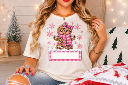 Gingerbread Girl Christmas Custom Name PNG Leopard Pink Bow Winter Sublimation