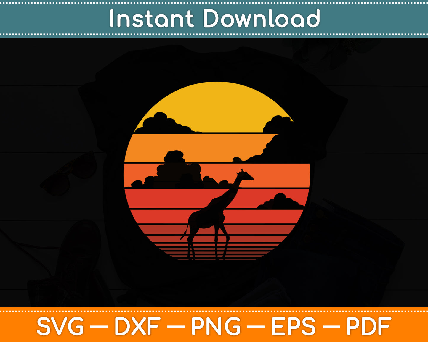 Giraffe 60s 70s Sunset Mammal African Animal Retro Vintage Svg Digital Cutting File