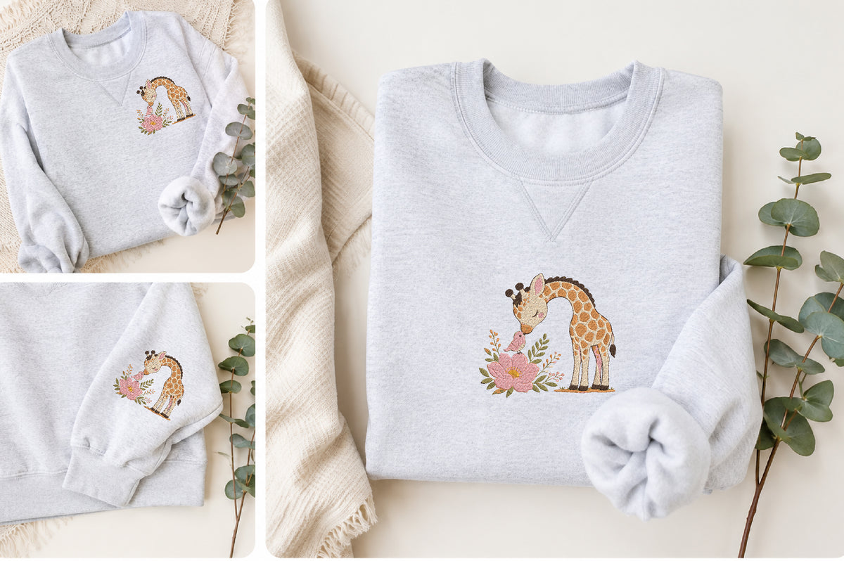 Giraffe with Flower Embroidery Design