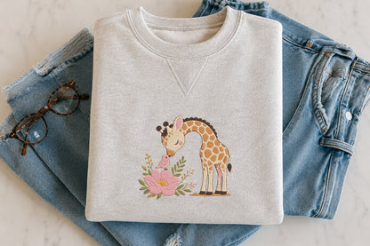Giraffe with Flower Embroidery Design