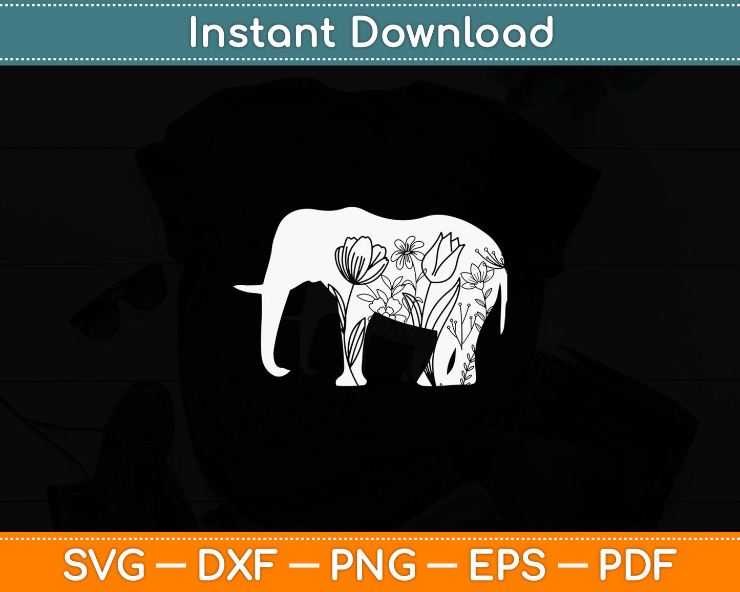 Girls Floral Elephant with Flower Graphic Svg Digital Cutting File