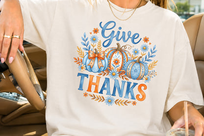 Give Thanks PNG Blue Floral Pumpkin Thanksgiving Sublimation Design