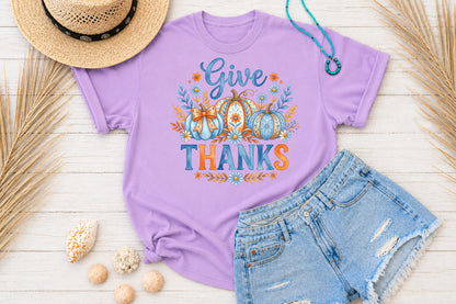 Give Thanks PNG Blue Floral Pumpkin Thanksgiving Sublimation Design