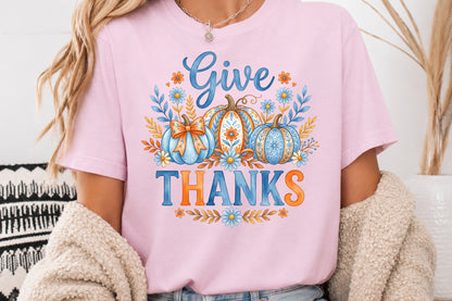 Give Thanks PNG Blue Floral Pumpkin Thanksgiving Sublimation Design