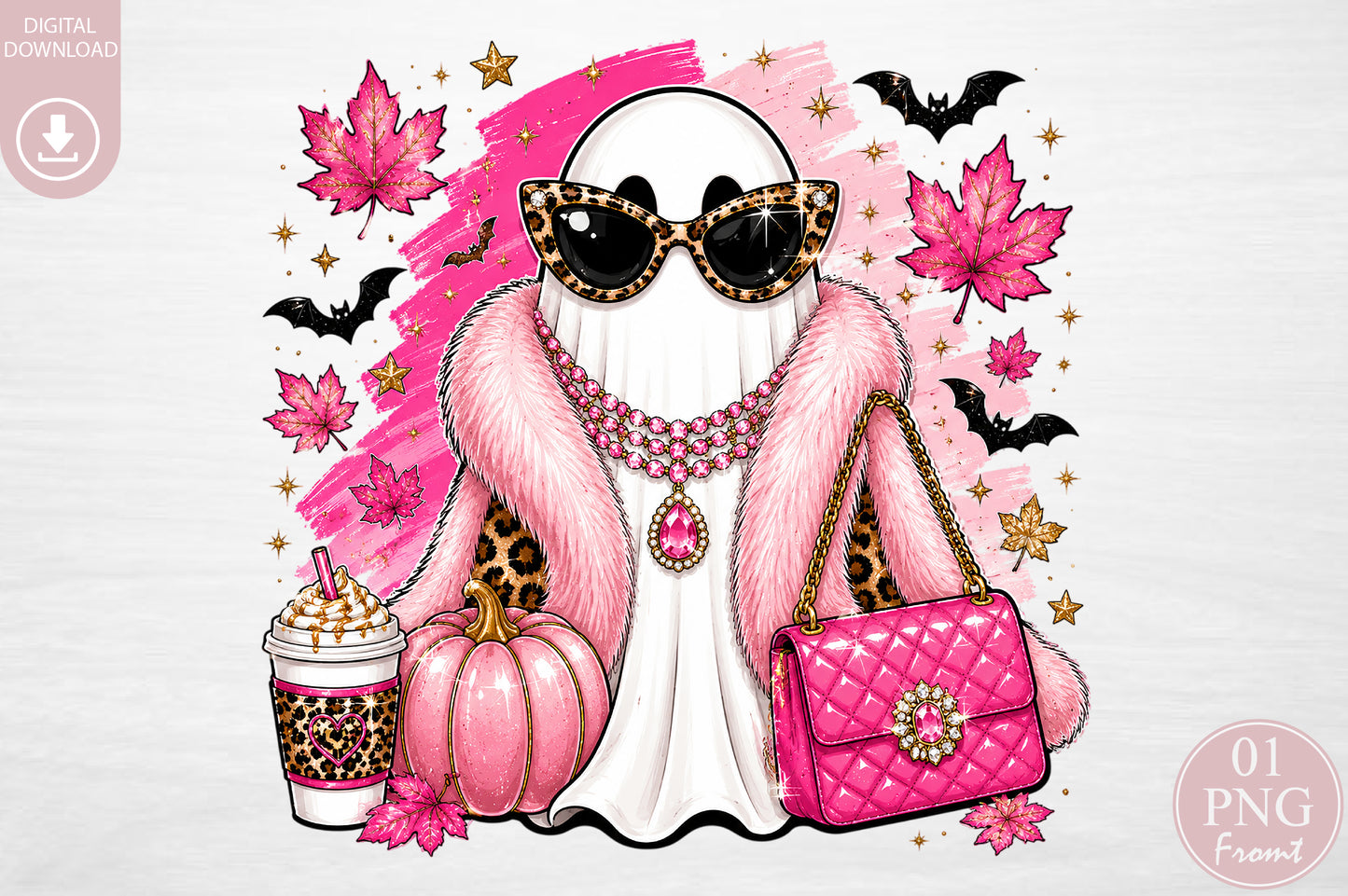 Glam Pink Ghost PNG Leopard Halloween Spooky Sublimation Design