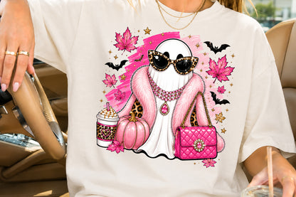 Glam Pink Ghost PNG Leopard Halloween Spooky Sublimation Design