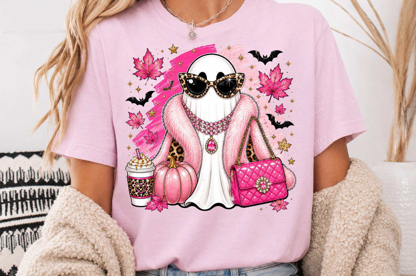 Glam Pink Ghost PNG Leopard Halloween Spooky Sublimation Design