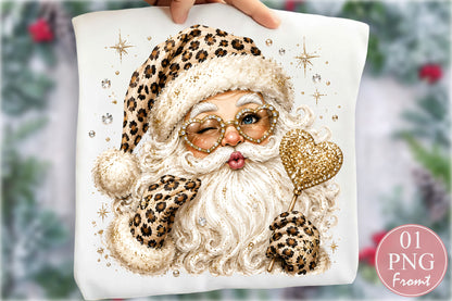 Glam Leopard Santa Claus PNG Gold Heart Sunglasses Christmas Sublimation