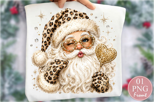 Glam Leopard Santa Claus PNG Gold Heart Sunglasses Christmas Sublimation