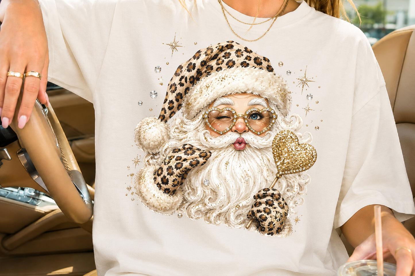 Glam Leopard Santa Claus PNG Gold Heart Sunglasses Christmas Sublimation