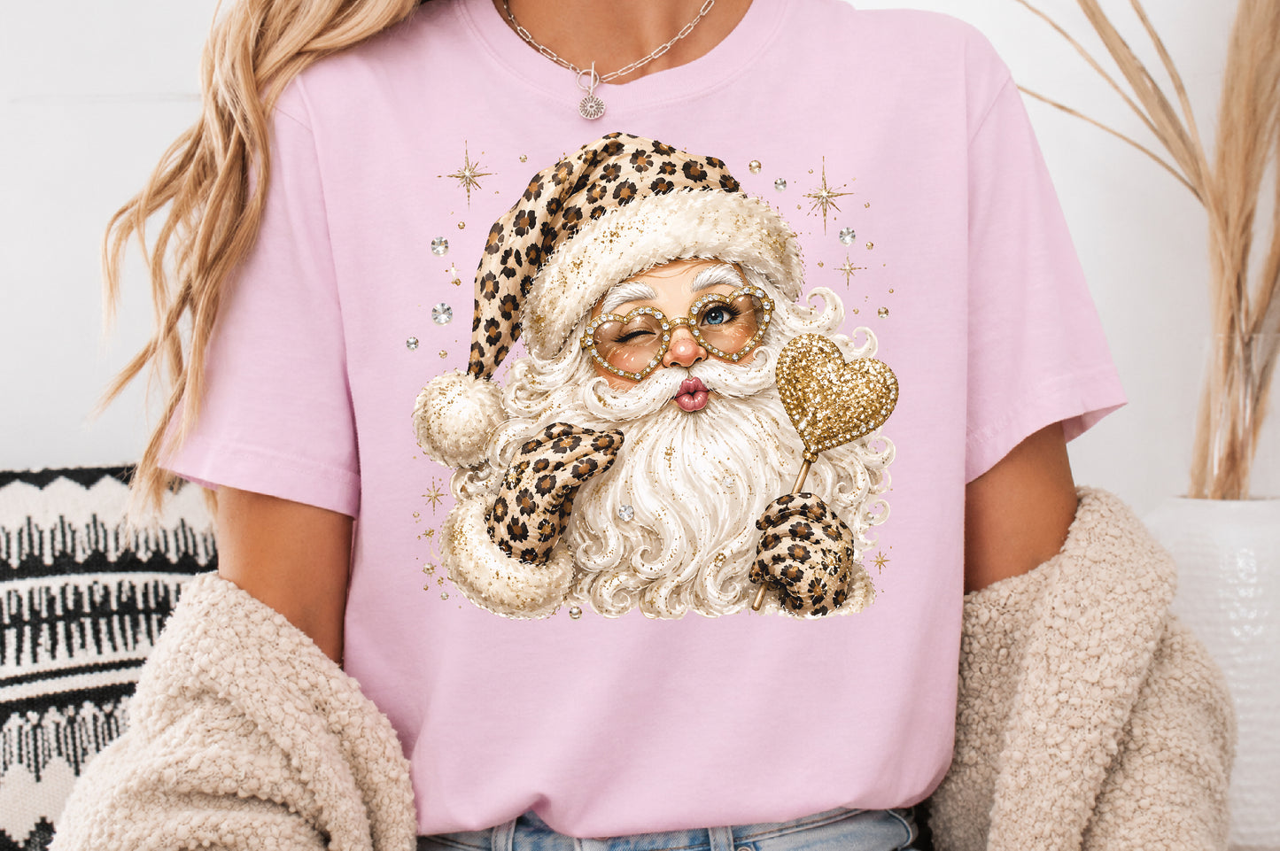 Glam Leopard Santa Claus PNG Gold Heart Sunglasses Christmas Sublimation