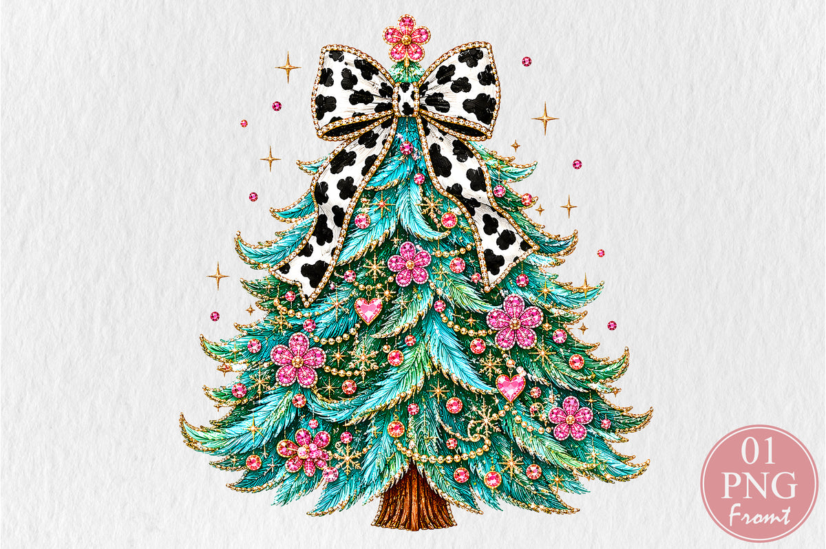 Glamorous Christmas Tree PNG, Cow Print Bow Holiday Sublimation Design