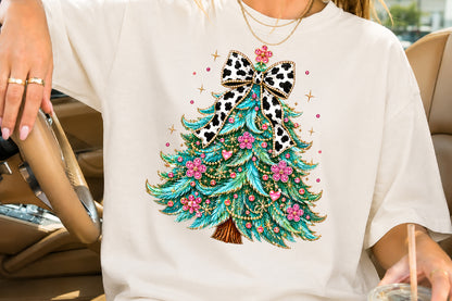 Glamorous Christmas Tree PNG, Cow Print Bow Holiday Sublimation Design