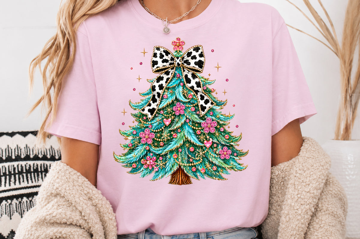 Glamorous Christmas Tree PNG, Cow Print Bow Holiday Sublimation Design
